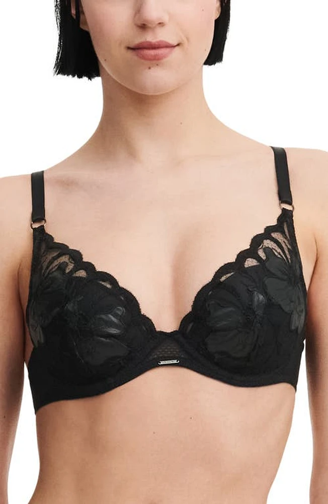 Chantelle Lingerie Fleurs Underwire Signature Plunge Bra Faux Leather Black at Nordstrom,