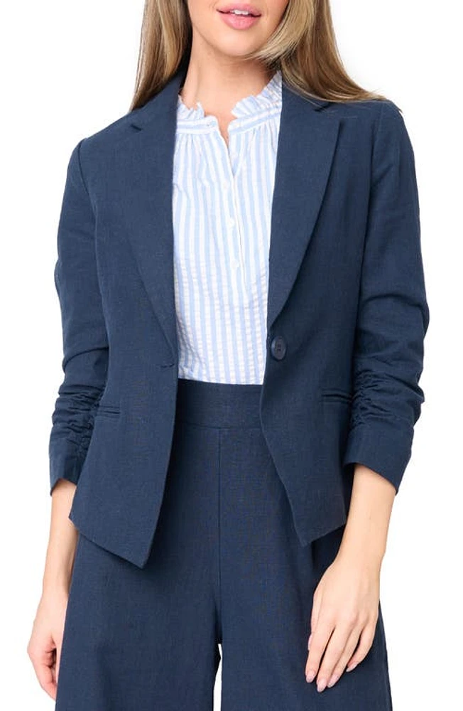 GIBSONLOOK Ruched Sleeve Linen Blend Blazer Dark Navy at Nordstrom,