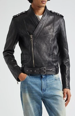 Balmain Belted Zip Cuff Quilted Lambskin Leather Biker Jacket 0Pa Black at Nordstrom, Us