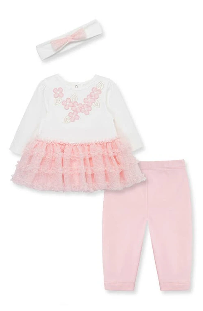 Little Me Floral Long Sleeve Tutu Dress, Leggings & Headband Set in Pink at Nordstrom, Size 18M