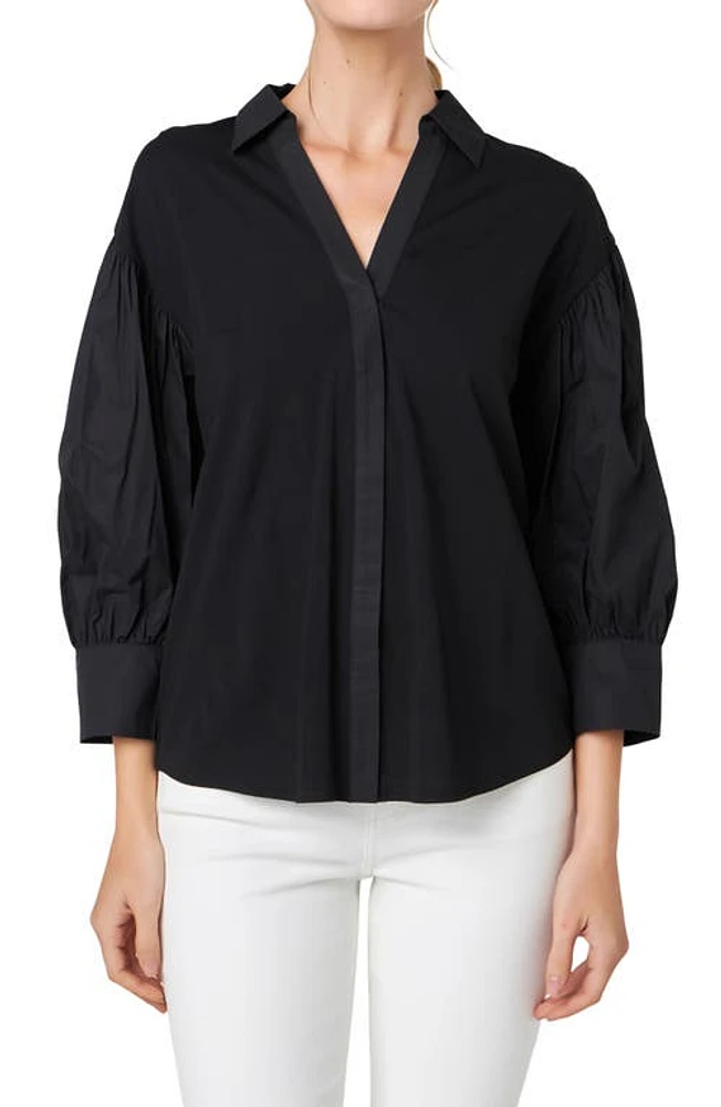 English Factory V-Neck Balloon Sleeve Button-Up Shirt Black at Nordstrom,