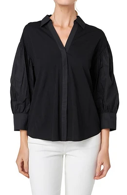 English Factory V-Neck Balloon Sleeve Button-Up Shirt Black at Nordstrom,