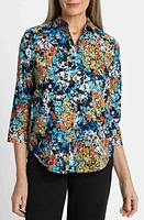 Foxcroft Margie Floral Three-Quarter Sleeve Cotton Button-Up Shirt Blue Multi at Nordstrom