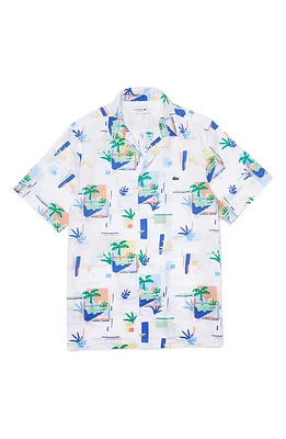 Lacoste Men's Palm Print Cotton Short Sleeve Button-Up Shirt in Sbh White/Multico at Nordstrom, Size 46