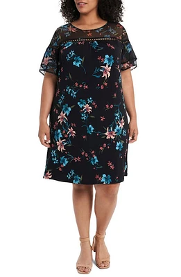 CeCe Expressive Lillies Ruffle Sleeve Mixed Media Dress in Rich Black at Nordstrom, Size 1X