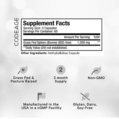 Codeage Grass-Fed Beef Spleen, Grass-Finished, Pasture-Raised, Non-Defatted Glandular Supplement, 180 ct in White at Nordstrom