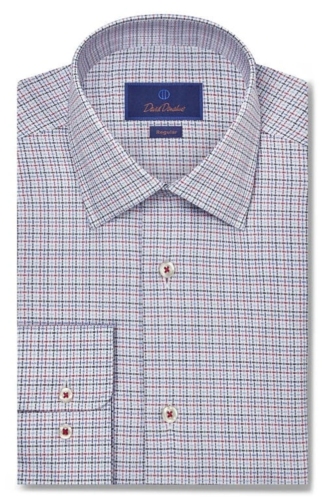 David Donahue Regular Fit Microcheck Royal Oxford Dress Shirt Blue/Berry at Nordstrom,