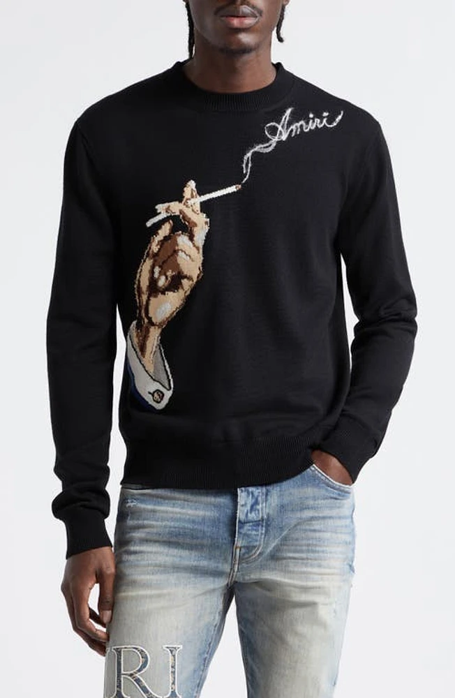 AMIRI Smoke Intarsia Wool & Cotton Crewneck Sweater Black at Nordstrom,