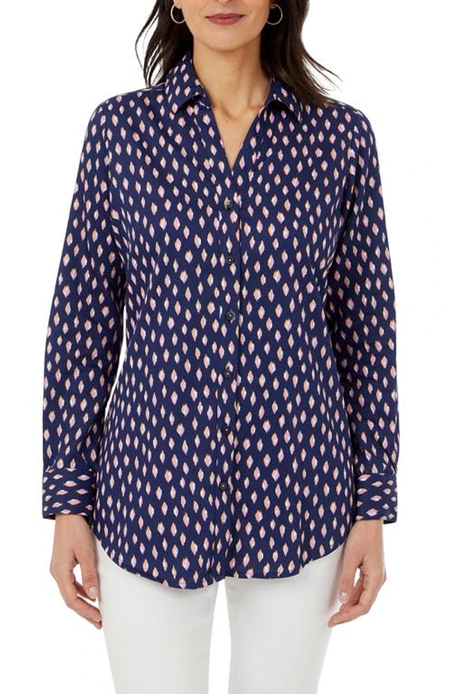 Foxcroft Faith Ikat Dot Button-Up Shirt Navy Multi at Nordstrom,