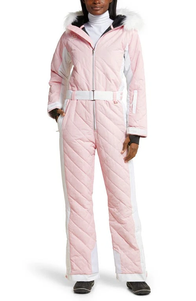 TIPSY ELVES Powder Pink Faux Fur Trim Waterproof Snowsuit at Nordstrom,