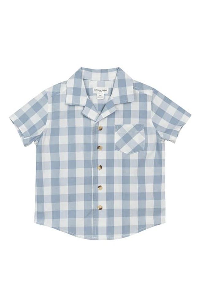 MILES BABY Kids' Check Short Sleeve Organic Cotton Button-Up Shirt Blue Dusty at Nordstrom,