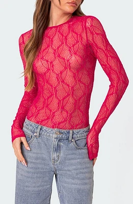 EDIKTED Lina Sheer Lace Long Sleeve Bodysuit Fuchsia at Nordstrom,