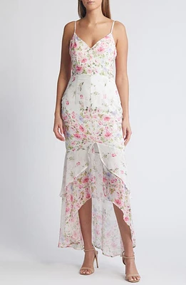 Lulus Breathtaking Vision Floral High-Low Dress White/Pink/Green at Nordstrom,