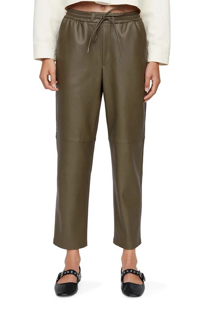 MANGO Drawstring Waist Faux Leather Tapered Leg Ankle Pants in Khaki at Nordstrom, Size Medium