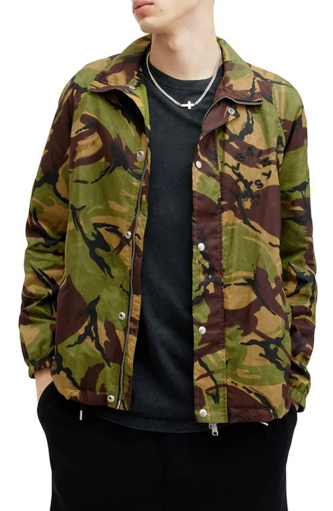 AllSaints Tierra Camo Print Waxed Track Jacket Green at Nordstrom,