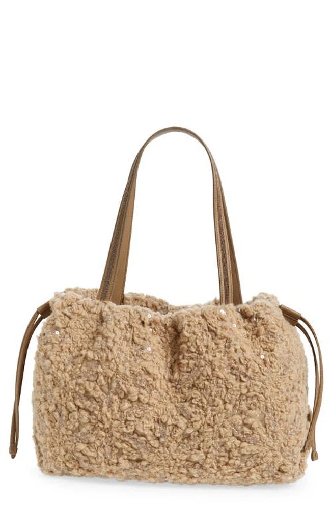 Brunello Cucinelli Embroidered Wool Blend Bouclé Tote in C9010 Camel at Nordstrom