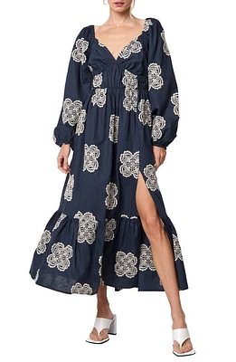 CIEBON Serbita Medallion Embroidery Long Sleeve Cotton & Linen Midi Dress at Nordstrom,