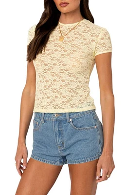 EDIKTED Kaori Sheer Lace T-Shirt Yellow at Nordstrom,