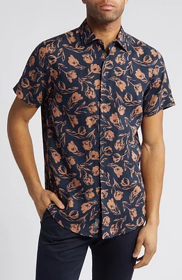 Rodd & Gunn Castor Bay Floral Short Sleeve Cotton Button-Up Shirt Navy at Nordstrom,