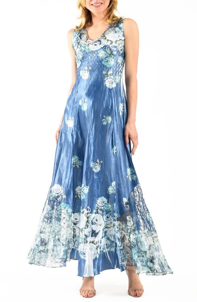 Komarov Lace-Up Back Charmeuse Dress Sapphire Blue Roses at Nordstrom,