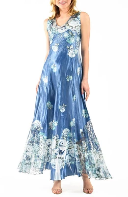 Komarov Lace-Up Back Charmeuse Dress Sapphire Blue Roses at Nordstrom,