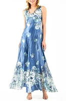 Komarov Lace-Up Back Charmeuse Dress Sapphire Blue Roses at Nordstrom,