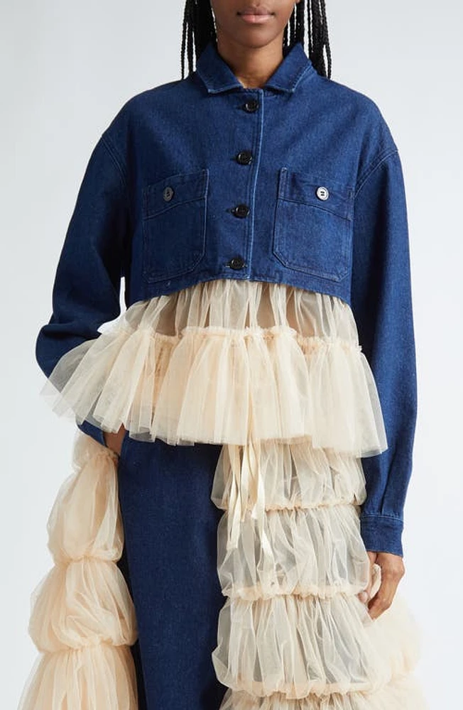 renaissance Kiri Ruffle Hem Denim Jacket Indigo Denim/Dust Pink at Nordstrom, Us