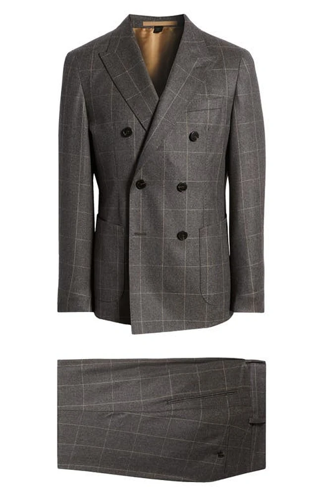 BOSS Camel Heston Windowpane Double Breasted Wool Suit in Medium Grey at Nordstrom, Size 40 Regular