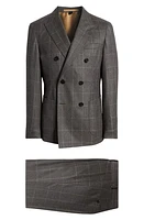 BOSS Camel Heston Windowpane Double Breasted Wool Suit in Medium Grey at Nordstrom, Size 40 Regular