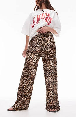 Topshop Animal Plissé Wide Leg Pants Brown at Nordstrom,