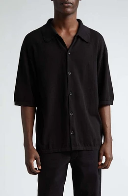 Lemaire Short Sleeve Cotton Knit Button-Up Shirt Black at Nordstrom,