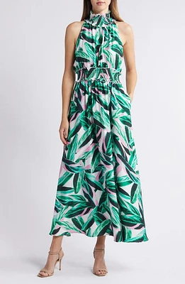 MELLODAY Leaf Print Halter Satin Maxi Dress Ivory Green Multi at Nordstrom,