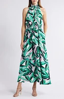 MELLODAY Leaf Print Halter Satin Maxi Dress Ivory Green Multi at Nordstrom,