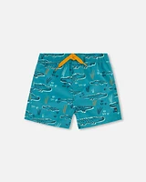 Deux Par Deux Boy's Mid-Thigh Boardshort Green Crocodile Print at Nordstrom