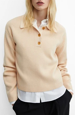 MANGO Long Sleeve Rib Polo Sweater Beige at Nordstrom,