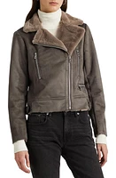 Lauren Ralph Lauren Buckle Detail Faux Shearling Moto Jacket in Grey at Nordstrom, Size X-Large