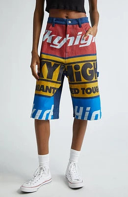 Sky High Farm Workwear Gender Inclusive Oversize Construction Logo Graphic Denim Carpenter Shorts Blue Multi at Nordstrom,