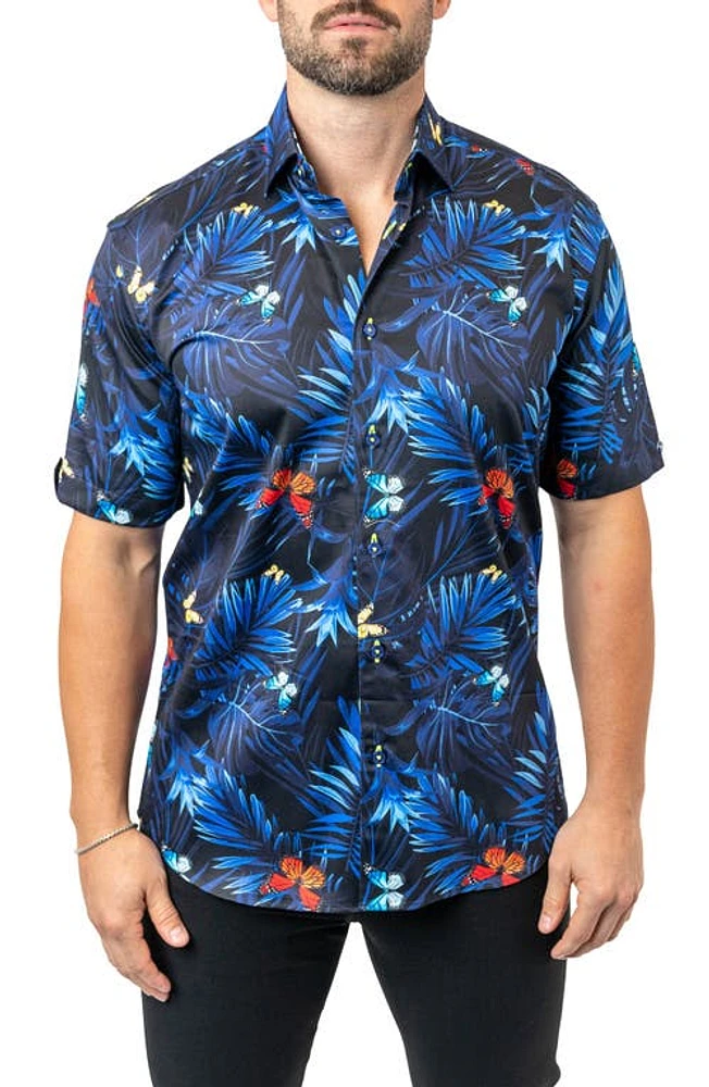 Maceoo Galileo Butterflypalm Black Contemporary Fit Short Sleeve Button-Up Shirt at Nordstrom,