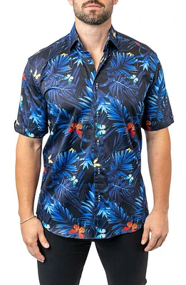 Maceoo Galileo Butterflypalm Black Contemporary Fit Short Sleeve Button-Up Shirt at Nordstrom,