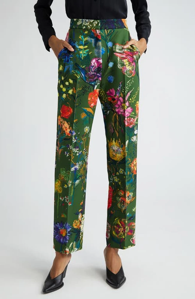 Lela Rose Floral Print Slim Ankle Pants Moss at Nordstrom,