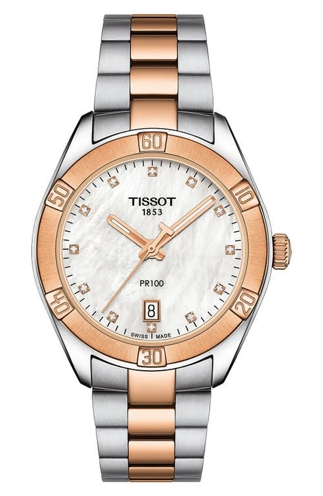 Tissot T-Classic PR 100 Bracelet Watch in Silver/Mop/Rose Gold at Nordstrom