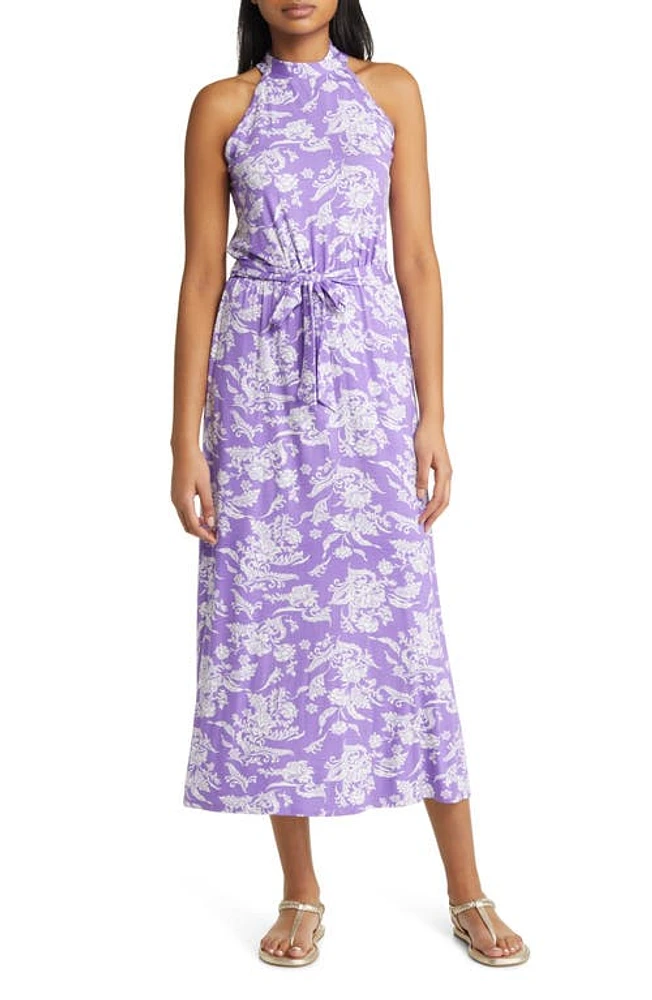 Loveappella Floral Tie Waist Halter Knit Maxi Dress Violet at Nordstrom,