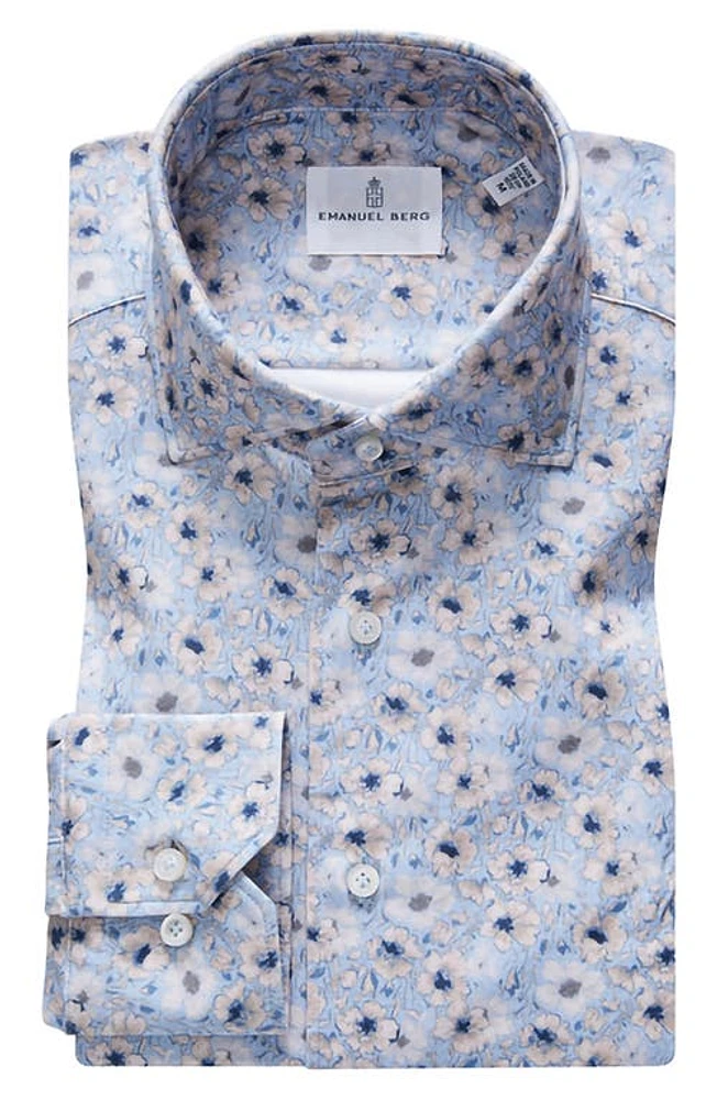 Emanuel Berg 4Flex Slim Fit Floral Knit Button-Up Shirt in Bright Blue at Nordstrom, Size X-Large