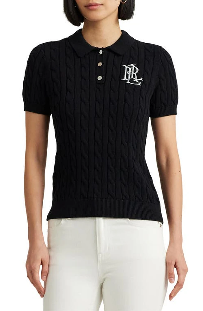 Lauren Ralph Cable Knit Cotton Polo Sweater Black at Nordstrom,