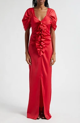 ORIRE Suss Ruched Sleeve Ruffle Satin Dress Red at Nordstrom, Us