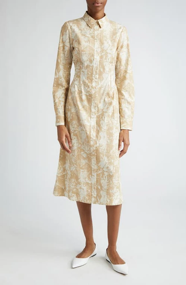 Lela Rose Floral Stripe Long Sleeve Cotton Shirtdress Sand/Ivory at Nordstrom,