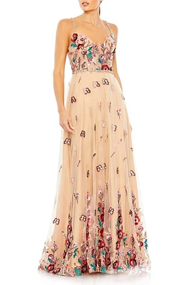 Mac Duggal Beaded Floral A-Line Gown Beige Multi at Nordstrom,