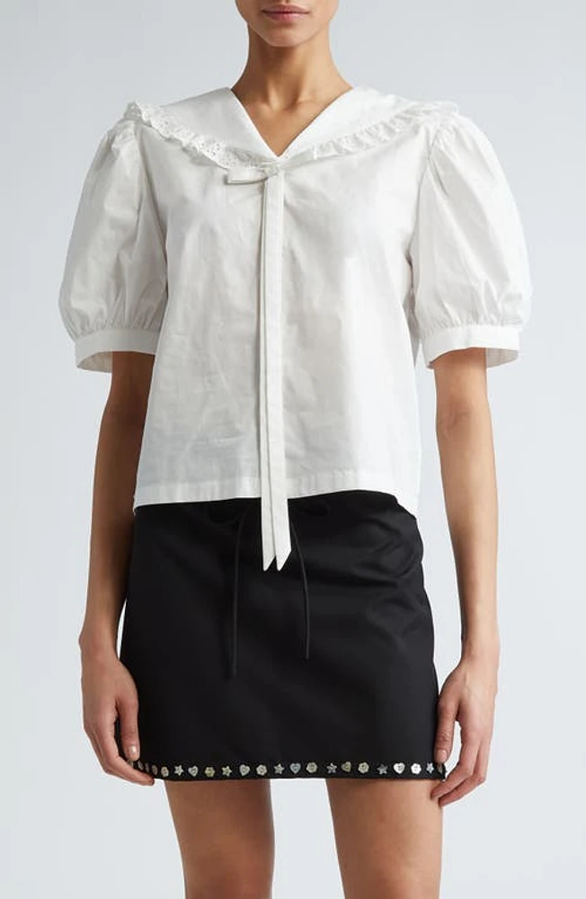 Sandy Liang Florent Puff Sleeve Cotton Poplin Button-Up Shirt at Nordstrom,