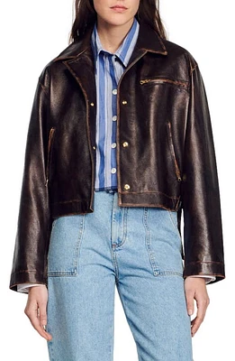 sandro Jude Lambskin Leather Jacket Black Brown at Nordstrom,