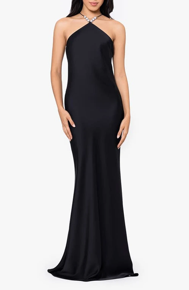 Betsy & Adam Beaded Sleeveless Double Satin Gown Black at Nordstrom,